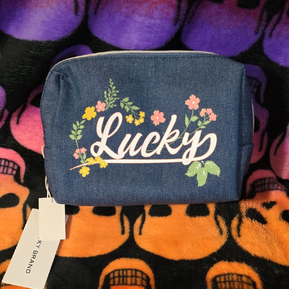 Lucky Brand Blue Floral Denim Cosmetic Pouch